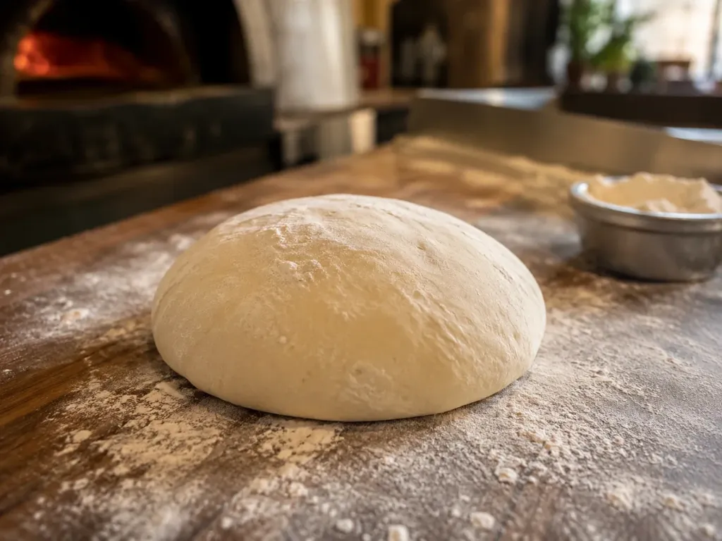 Kula ciasta na pizzę z widoczną strukturą i mąką na blacie w kuchni pizzerii