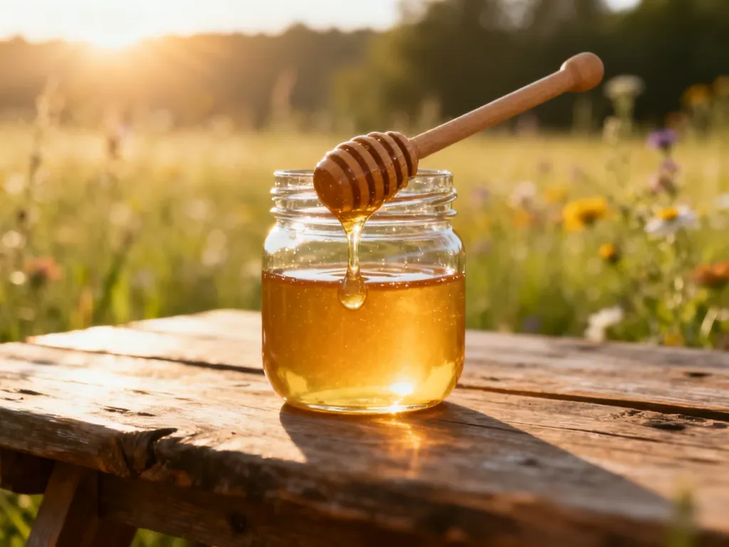 Słoik ze złotym miodem i drewnianą łyżeczką na tle słonecznej łąki, podkreślający naturalną gęstość i barwę produktu.