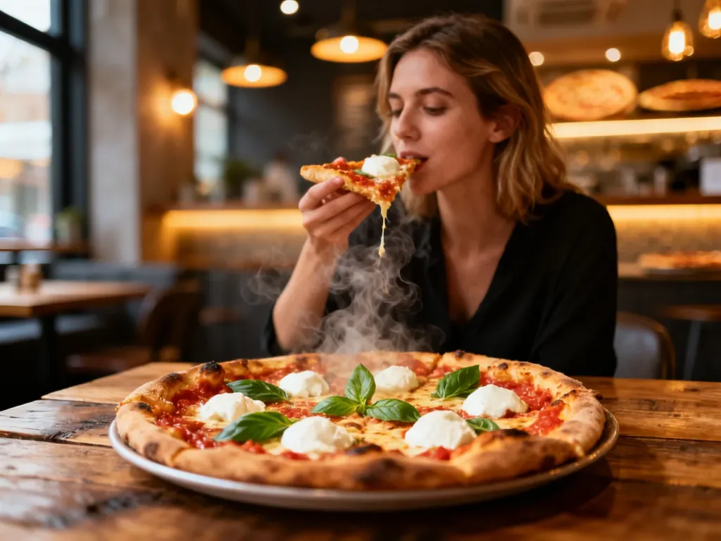 Gorąca pizza z mozzarellą i bazylią na drewnianym stole w przytulnym wnętrzu pizzerii.