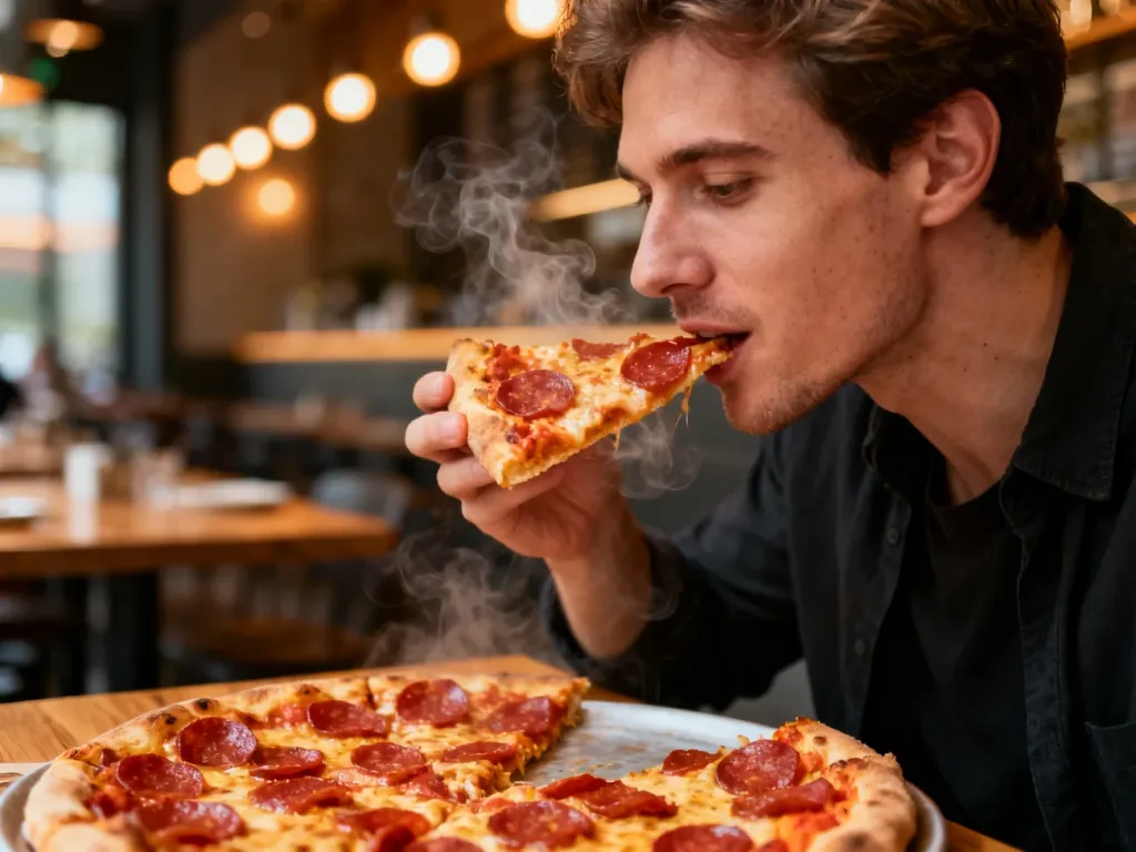 Mężczyzna z apetytem je kawałek pizzy pepperoni w przytulnej restauracji Pizza Hut.