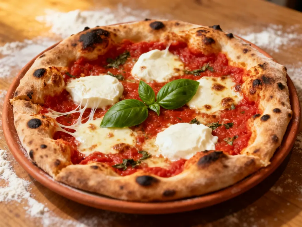 Pizza neapolitańska z puszystymi brzegami, sosem pomidorowym, mozzarellą di bufala i świeżą bazylią na rustykalnym talerzu.