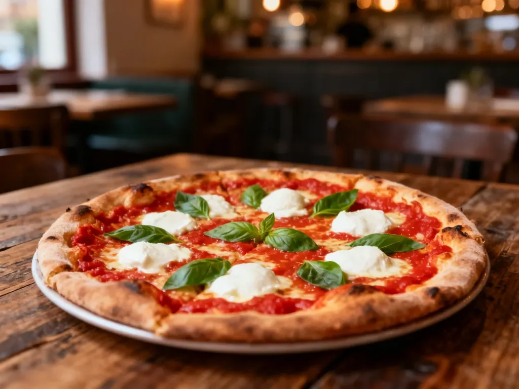 Świeża pizza margherita z mozzarellą i bazylią na drewnianym stole w przytulnej włoskiej pizzerii.