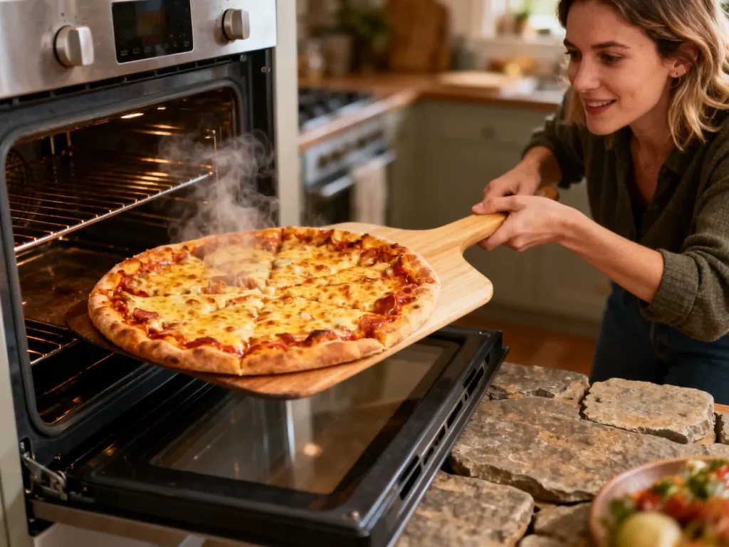 Gorąca, chrupiąca pizza Guseppe wyjmowana z piekarnika na kamienny blat w przytulnej kuchni.