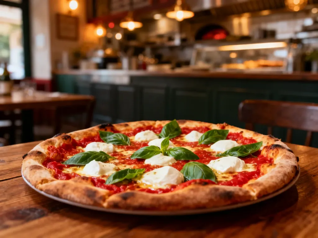 Gourmet pizza z mozzarellą i bazylią na drewnianym stole w przytulnej włoskiej restauracji.