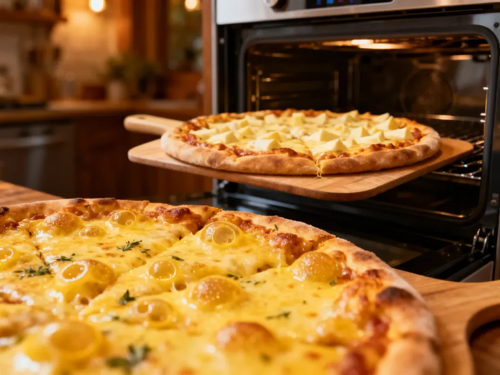 Apetyczna pizza cztery sery na drewnianej łopacie, przygotowana do włożenia do rozgrzanego piekarnika.