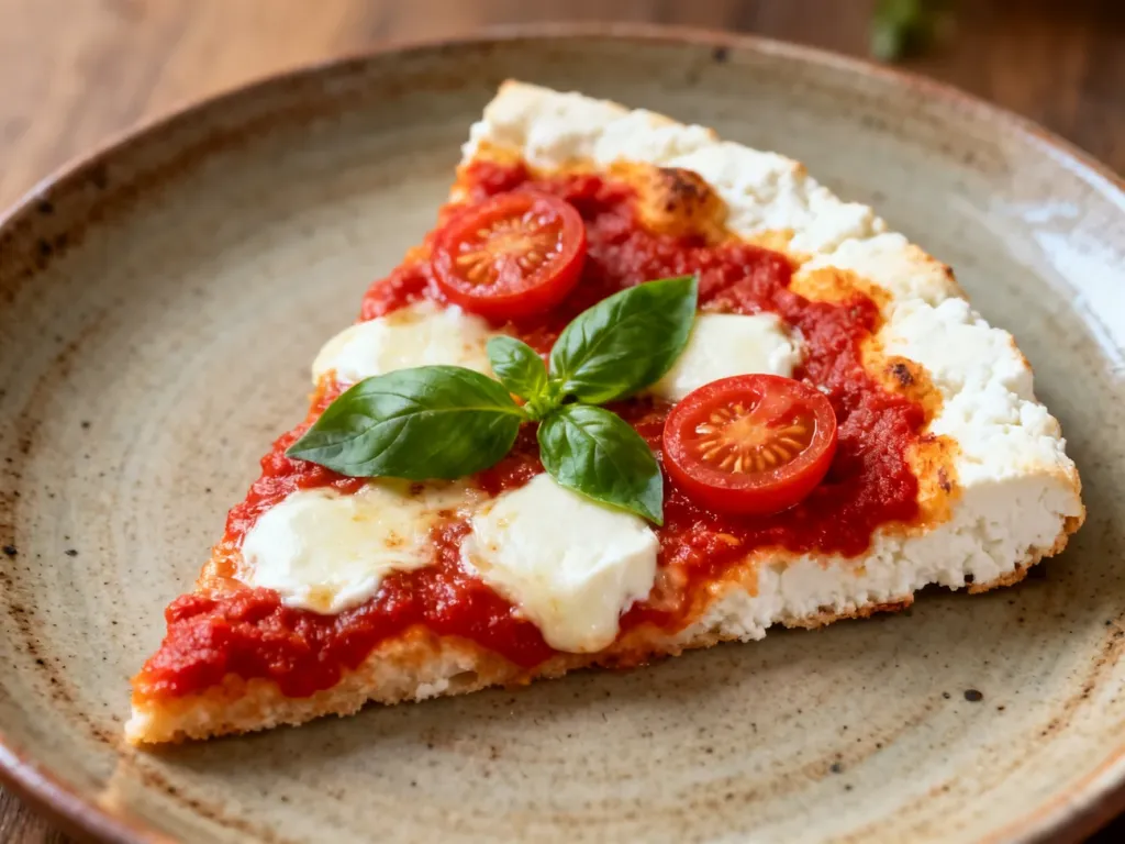 Kawałek pizzy na spodzie z serka wiejskiego z mozzarellą, pomidorkami koktajlowymi i świeżą bazylią na ceramicznym talerzu.