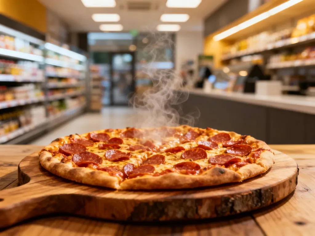 Gorąca pizza pepperoni na drewnianej desce na tle wnętrza sklepu Żabka.