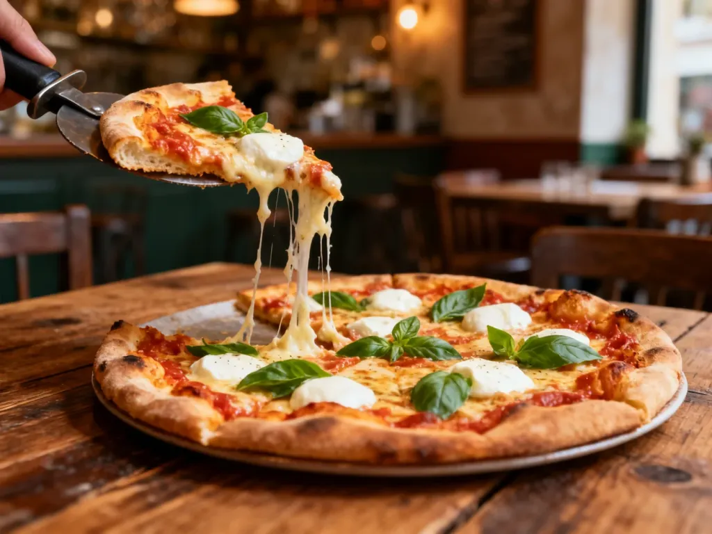 Świeżo upieczona pizza na cienkim cieście z ciągnącą się mozzarellą i bazylią na rustykalnym drewnianym stole.
