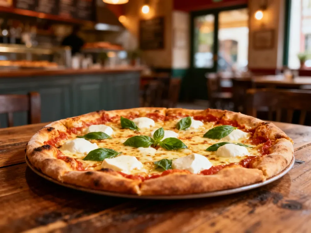 Świeżo upieczona pizza 30 cm z mozzarellą i bazylią na drewnianym stole w klimatycznej włoskiej pizzerii.