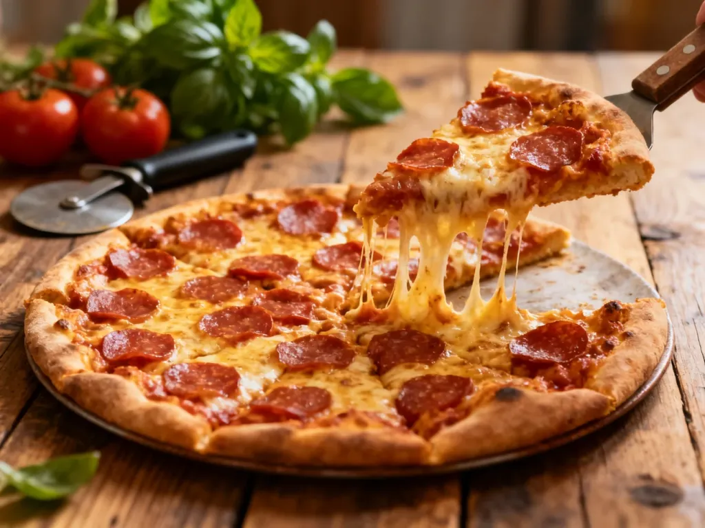Świeżo upieczona pizza pepperoni na drewnianym stole z ciągnącym się serem, gotowa do podania.