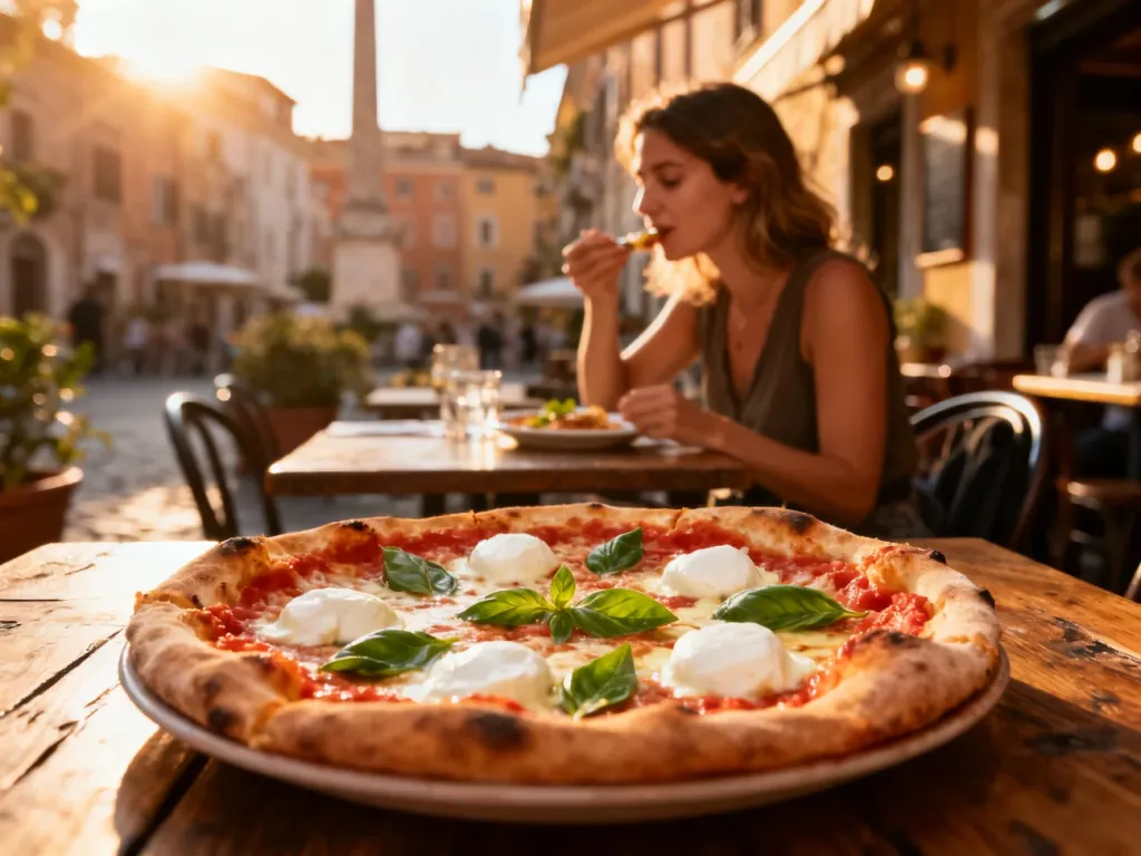Apetyczna pizza neapolitańska z mozzarellą i bazylią na drewnianym stole w rzymskiej trattorii w świetle zachodzącego słońca.
