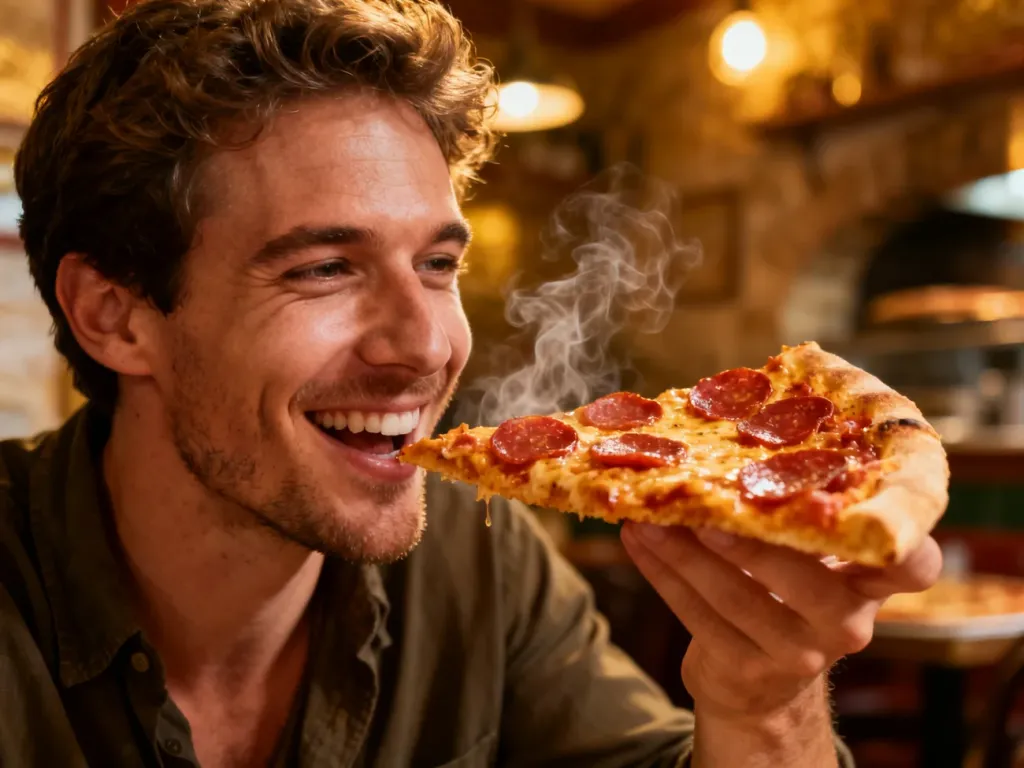 Mężczyzna z apetytem trzyma kawałek świeżej pizzy pepperoni w przytulnej włoskiej pizzerii.