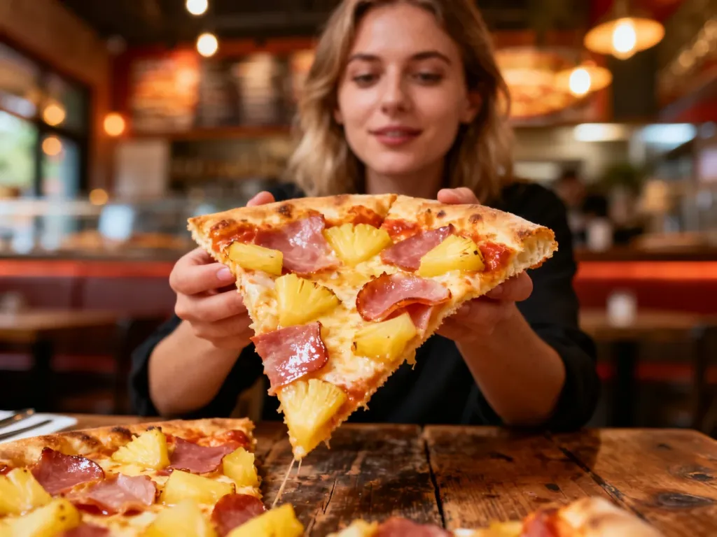 Kawałek pizzy hawajskiej z szynką i ananasem trzymany w dłoni na tle przytulnej pizzerii.